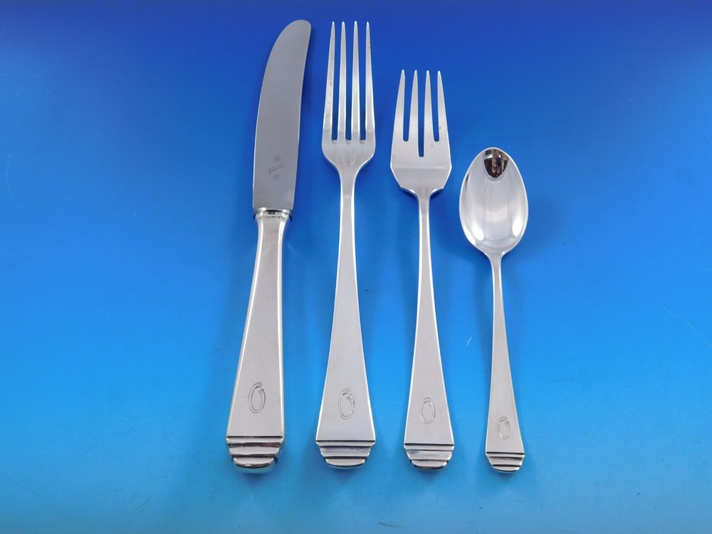 German 800 Silver Flatware Set Service 98 pieces O monogram Pyramid Design
