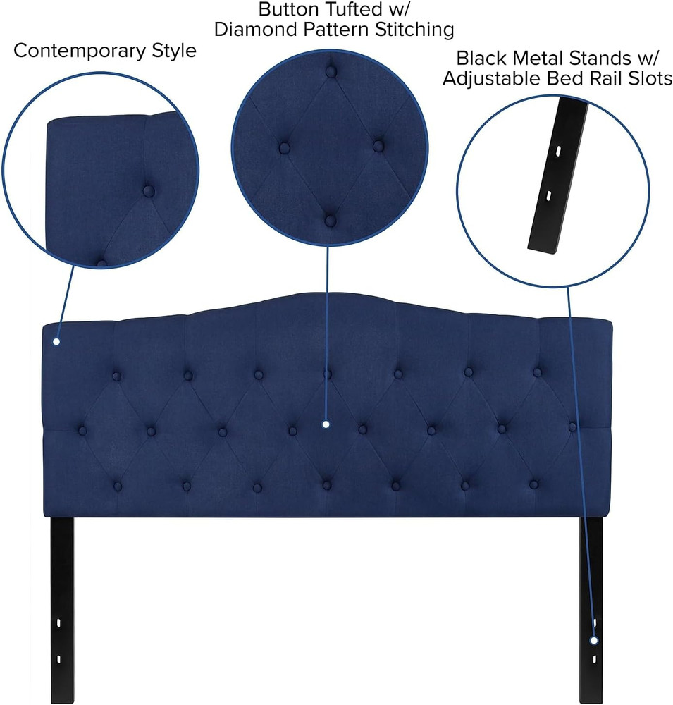 Navy Upholstered Queen Headboard with Button Tufting and Diamond Stitching