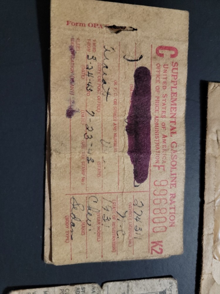 1943 WW2 GASOLINE RATIONS