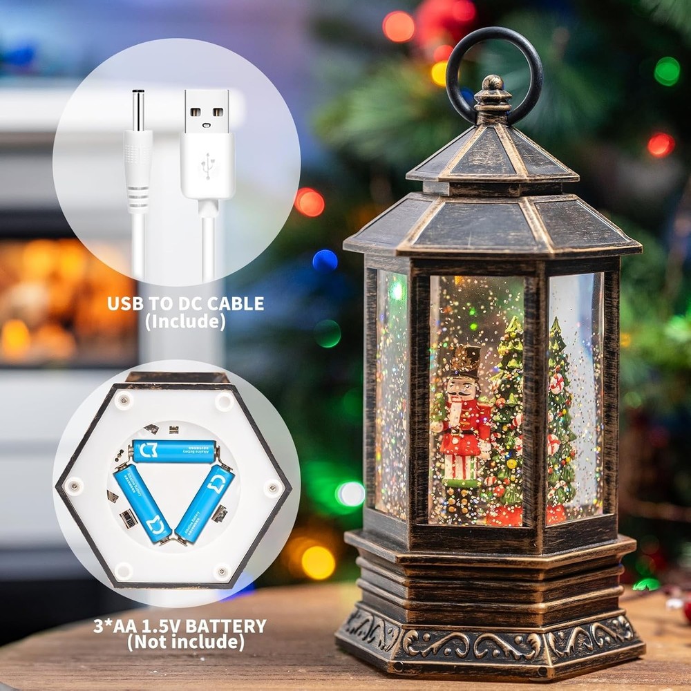 Musical Christmas Snow Globe Lantern Lighted Nutcracker Tree Glitter Decor