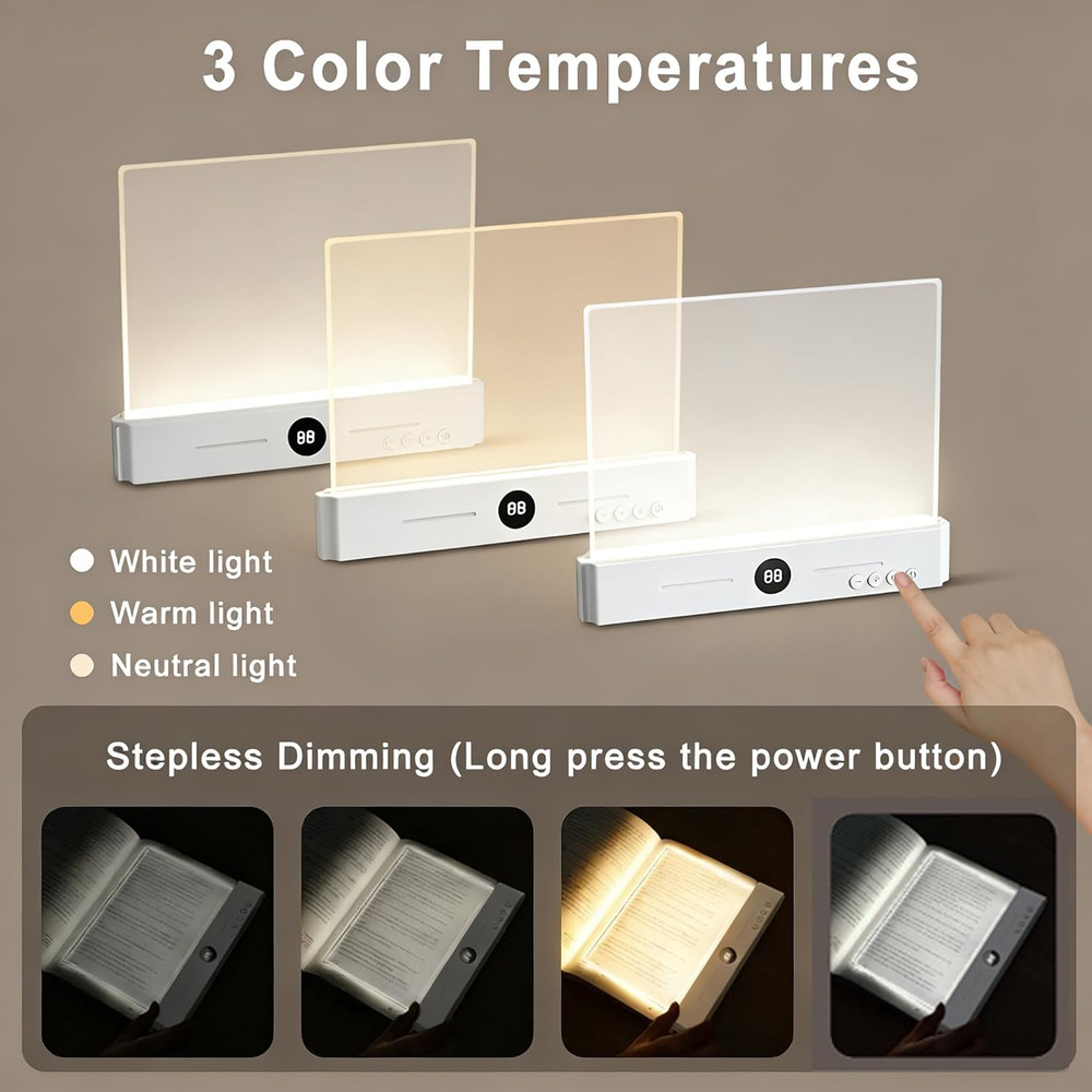 Rechargeable LED Book Light with Timer, 3 Colors, Dimmable, Eye Protection