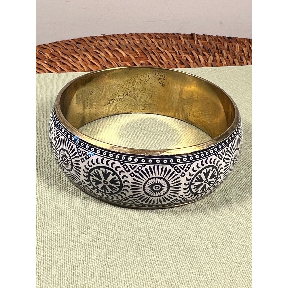 Brass Enameled Blue White Bangle Bracelet