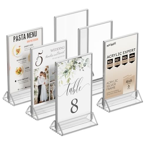 6Pack 4x6 Clear Acrylic Sign Holder with Borders and Vertical 4x6 6Pack Silver