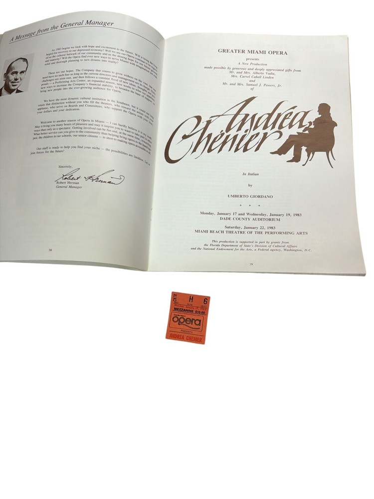 Greater Miami Opera 1982 1983 Andrea Chenier Program + Ticket Stub