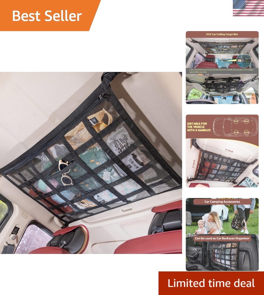 Double-Layer Car Ceiling Cargo Net Pocket - 31.5x21.6 Inches Storage Solution