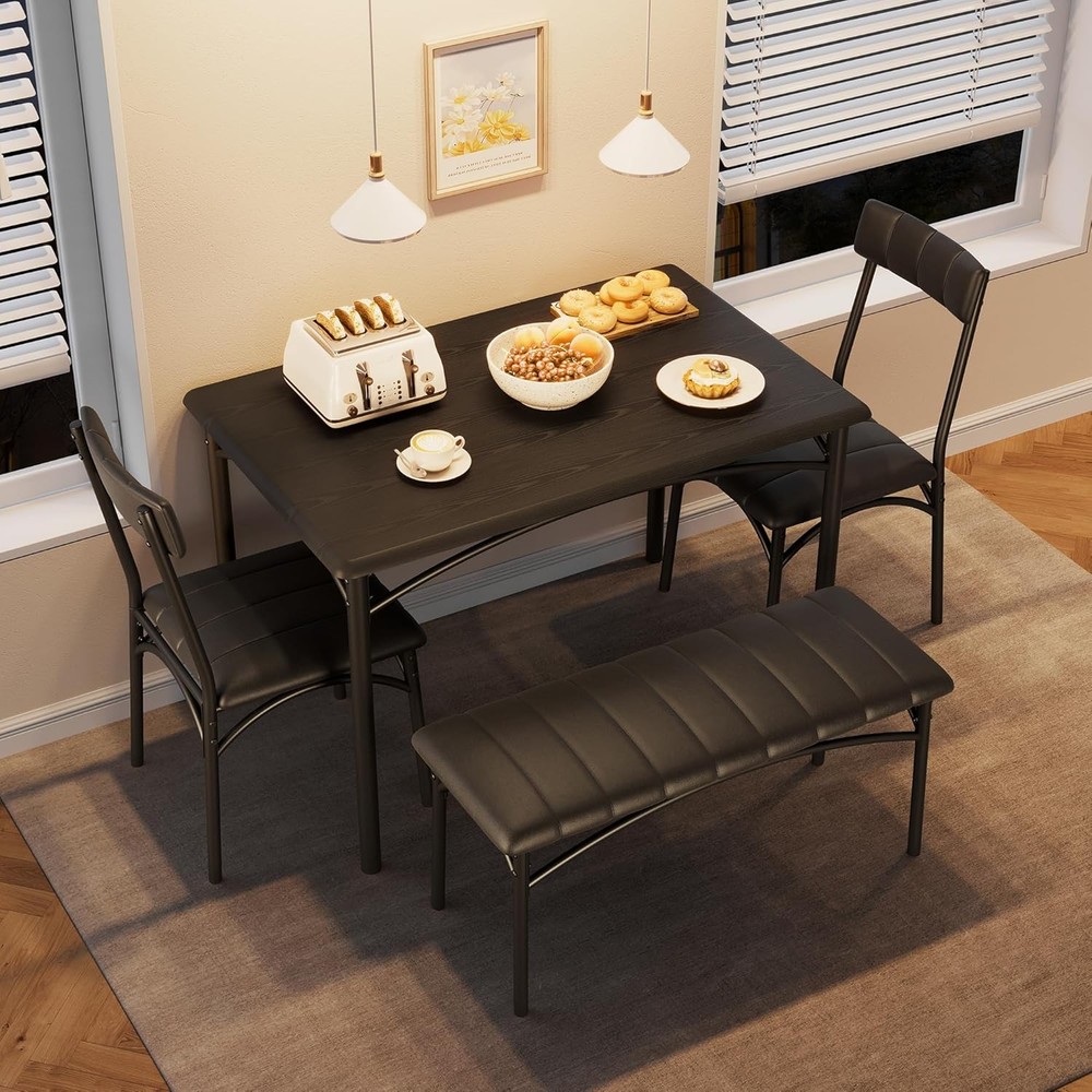 Dining Set for 4 w Upholstered Bench, Space-Saving Table&2 Chairs for Apartments