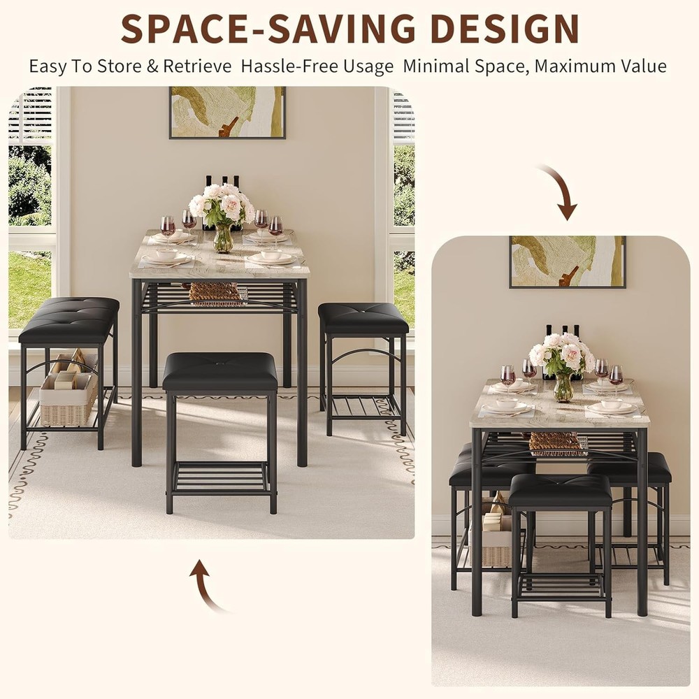 Set for 4 Dining Table Set Kitchen Table W Upholstered Bench and 2 Stools