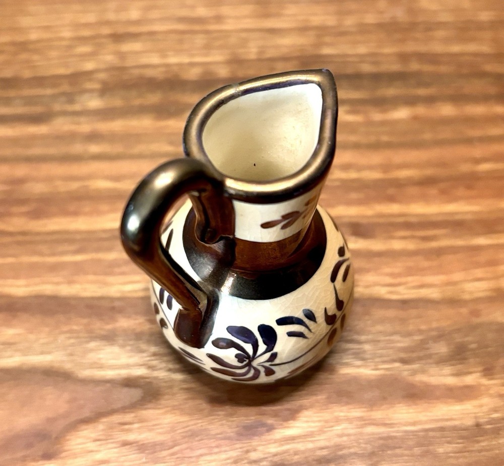 Miniature Lusterware Creamer Metallic Copper Glazed Band England Leaf Pattern