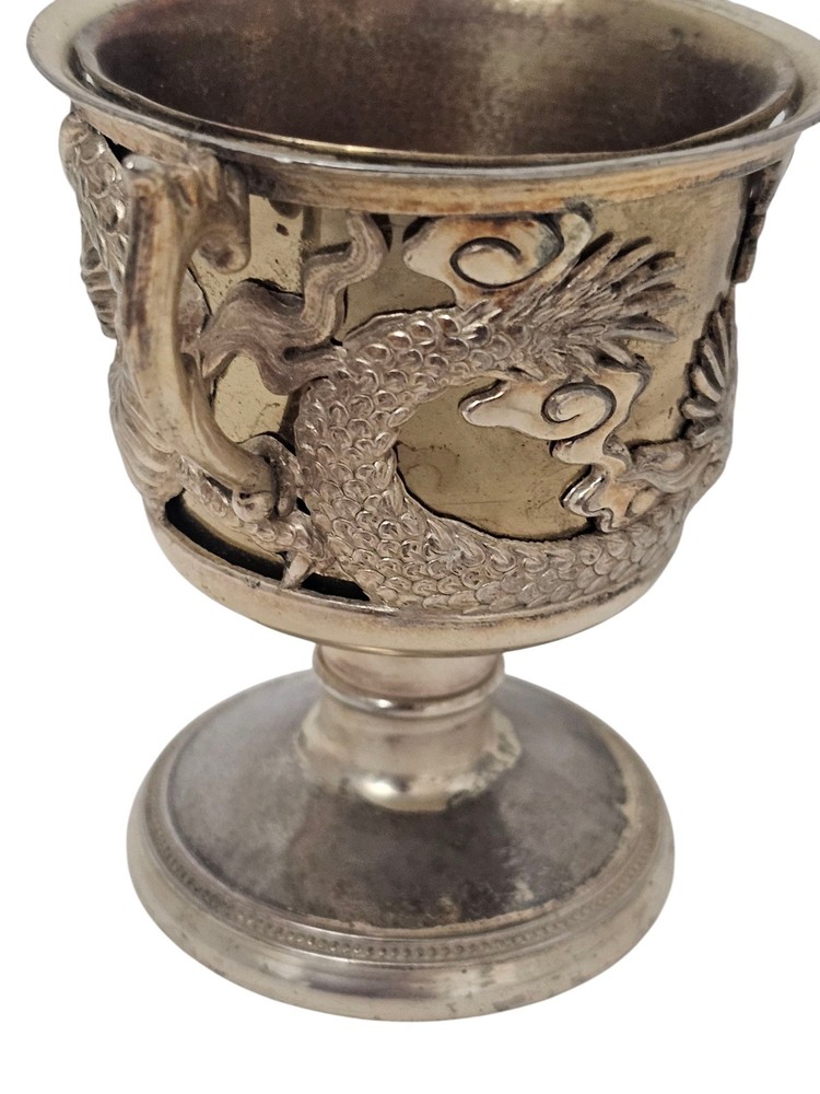 Double Handled Dragon Goblet Cup Small Chalice Silver Tone
