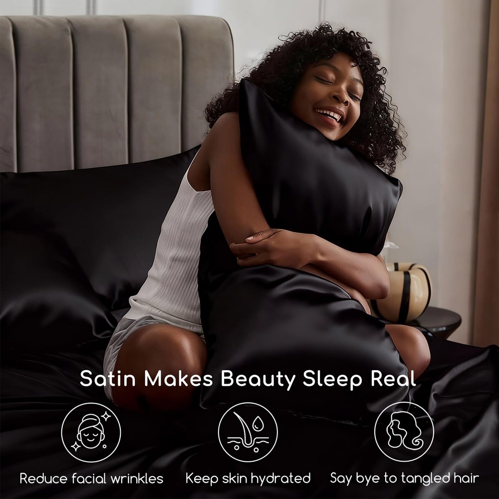 Queen Satin Bed Sheets Set - 4 Pcs Silky Bedding with Deep Pocket Straps