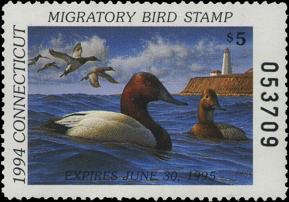 CONNECTICUT #2 1994 STATE DUCK CANVASBACKS/LIGHTHOUSE by Ron Leslie
