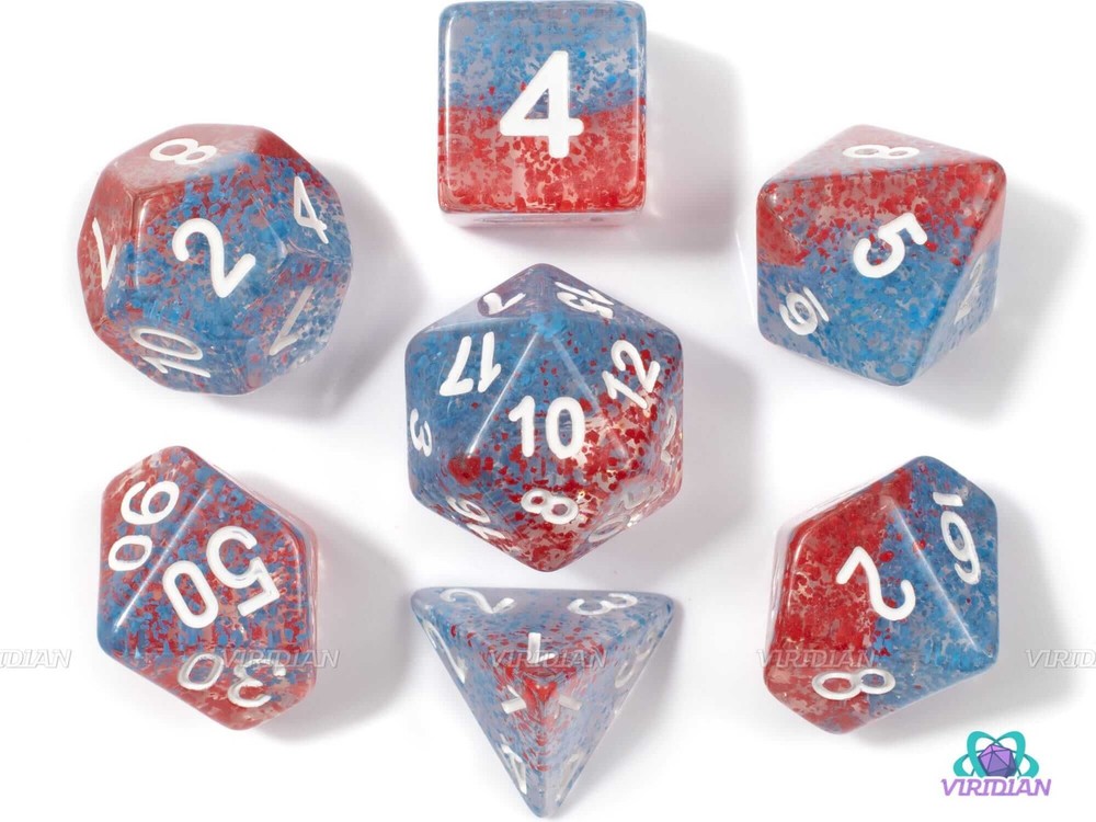 TEG - 7 Red & Blue w/ White Translucent Layered Polyhedral Dice New Polyhedral D