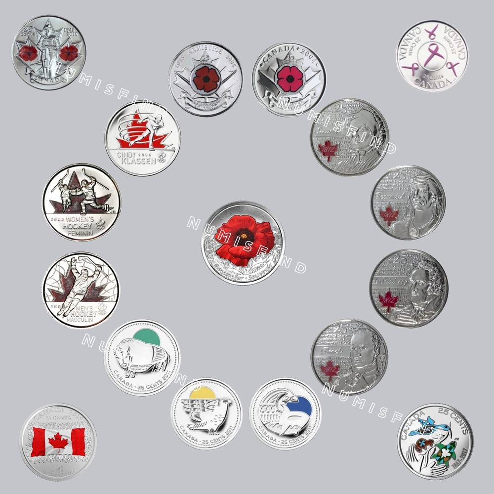 Full Set 2004-2017 Canada Coloured Quarters 17x Twenty-Five Cent Coins UNC