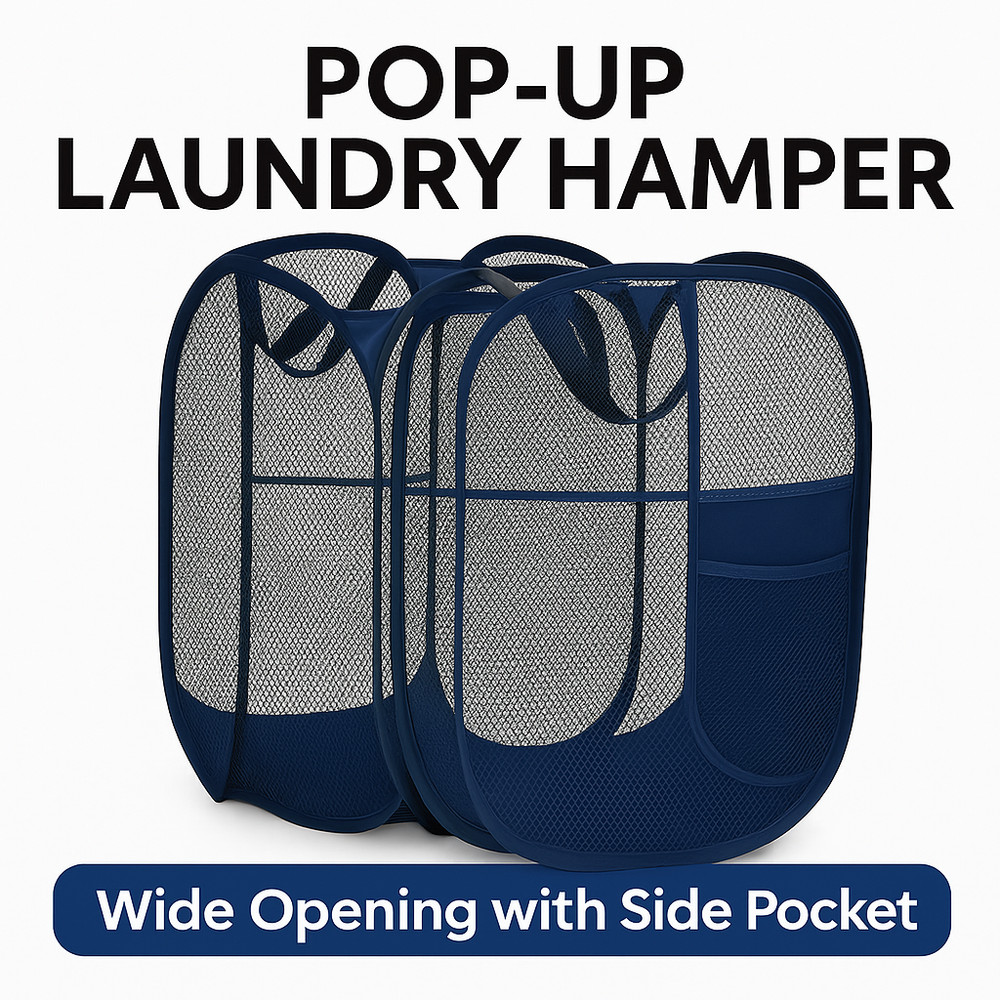 2 Pack Pop Up Laundry Hamper  – Foldable Mesh Basket with Pocket, Blue, Portable