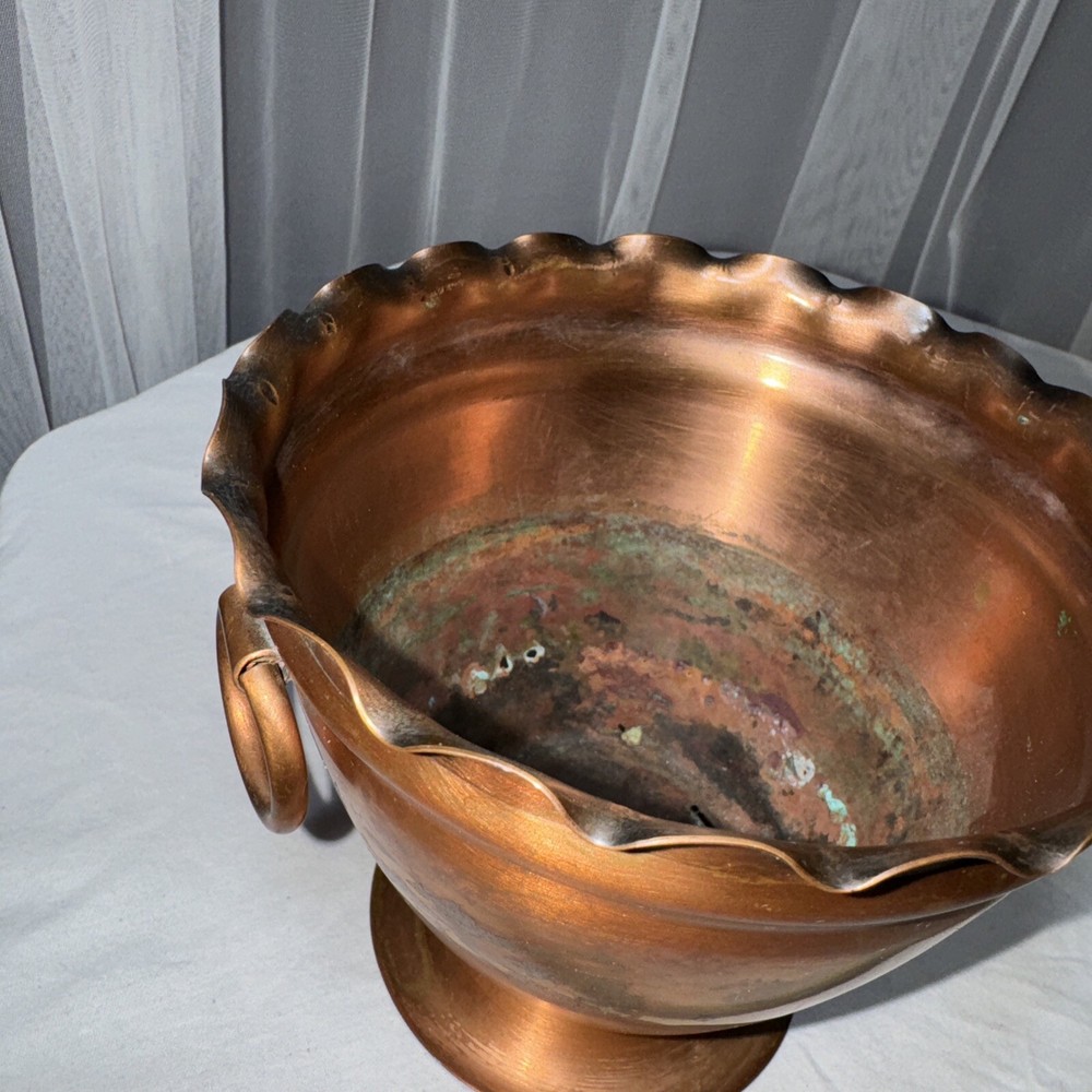Solid Copper Pot Planter Vase Double Handle Scalloped Made In USA Hand Hammered