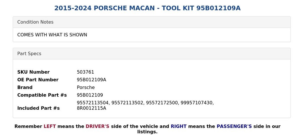 2015-2024 PORSCHE MACAN - TOOL KIT 95B012109A
