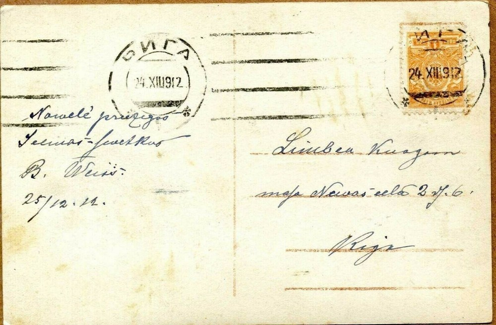 Latvia 1908 Christmas Postcard w/Machine Cancel