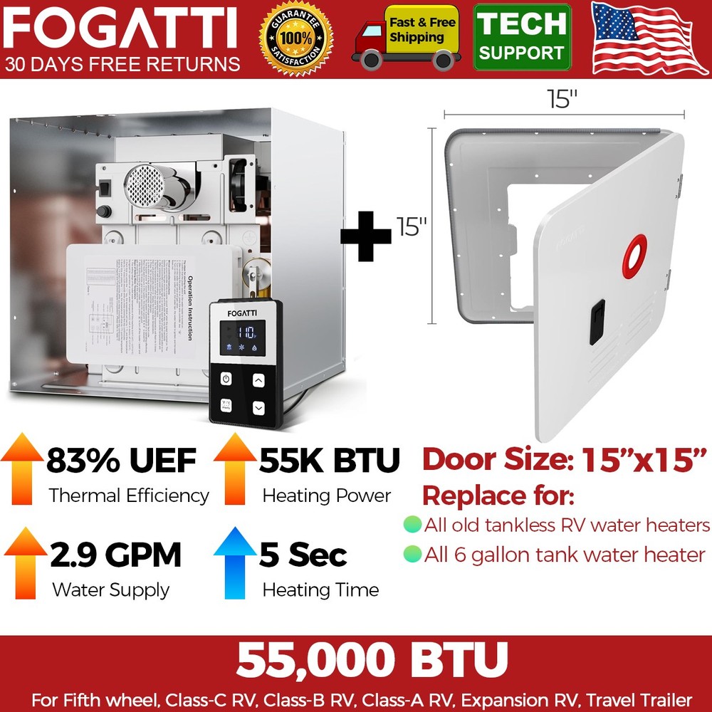Fogatti RV Tankless Water Heater Propane Gas 2.9GPM 55000BTU w/ 15"x15" Door