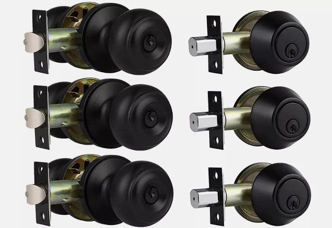 3 Pack Keyed Entry Door Knobs & Single Cylinder Deadbolt Lock Combo Set