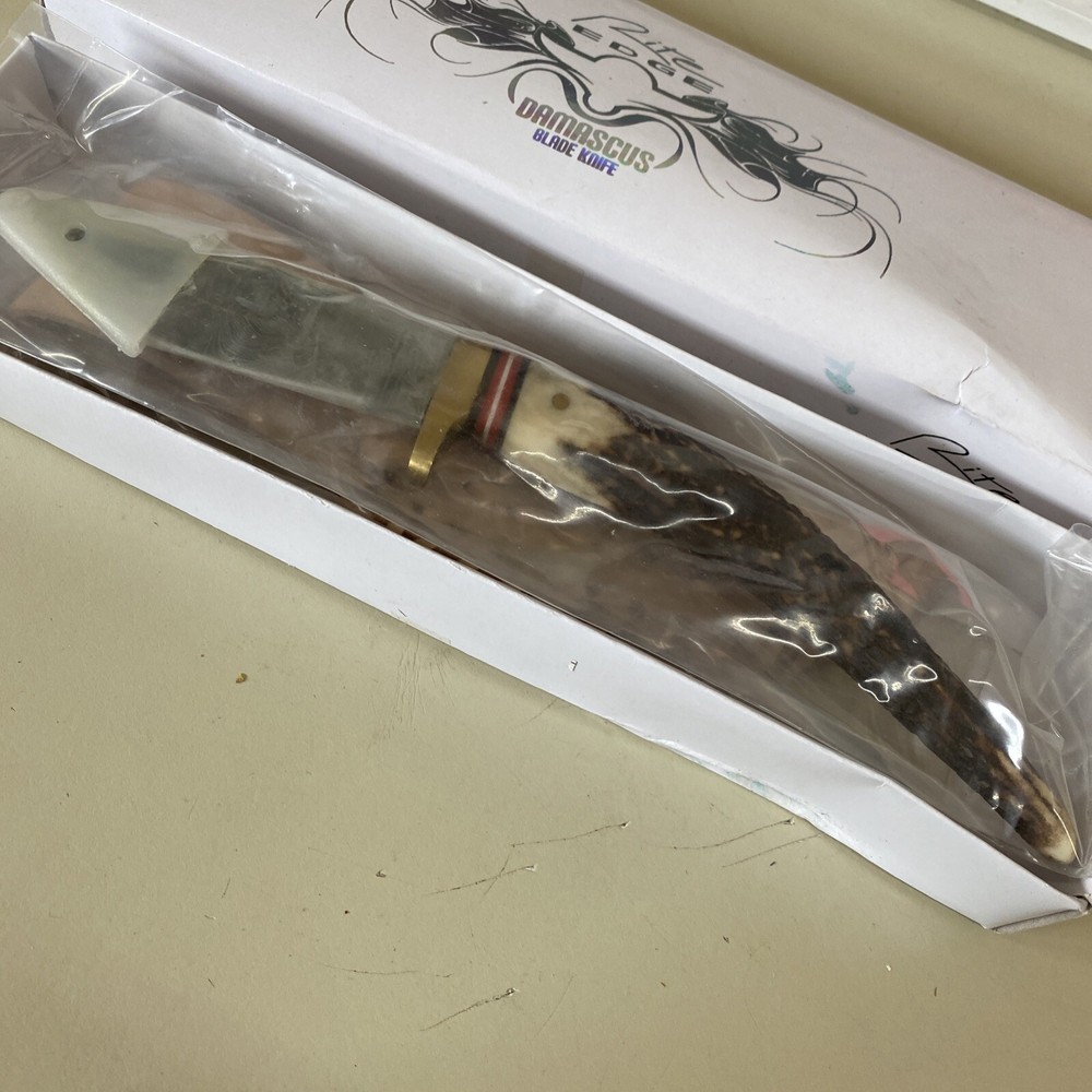 Rite Edge Stag Spike Tan Fixed Blade Knife - Damascus Plain