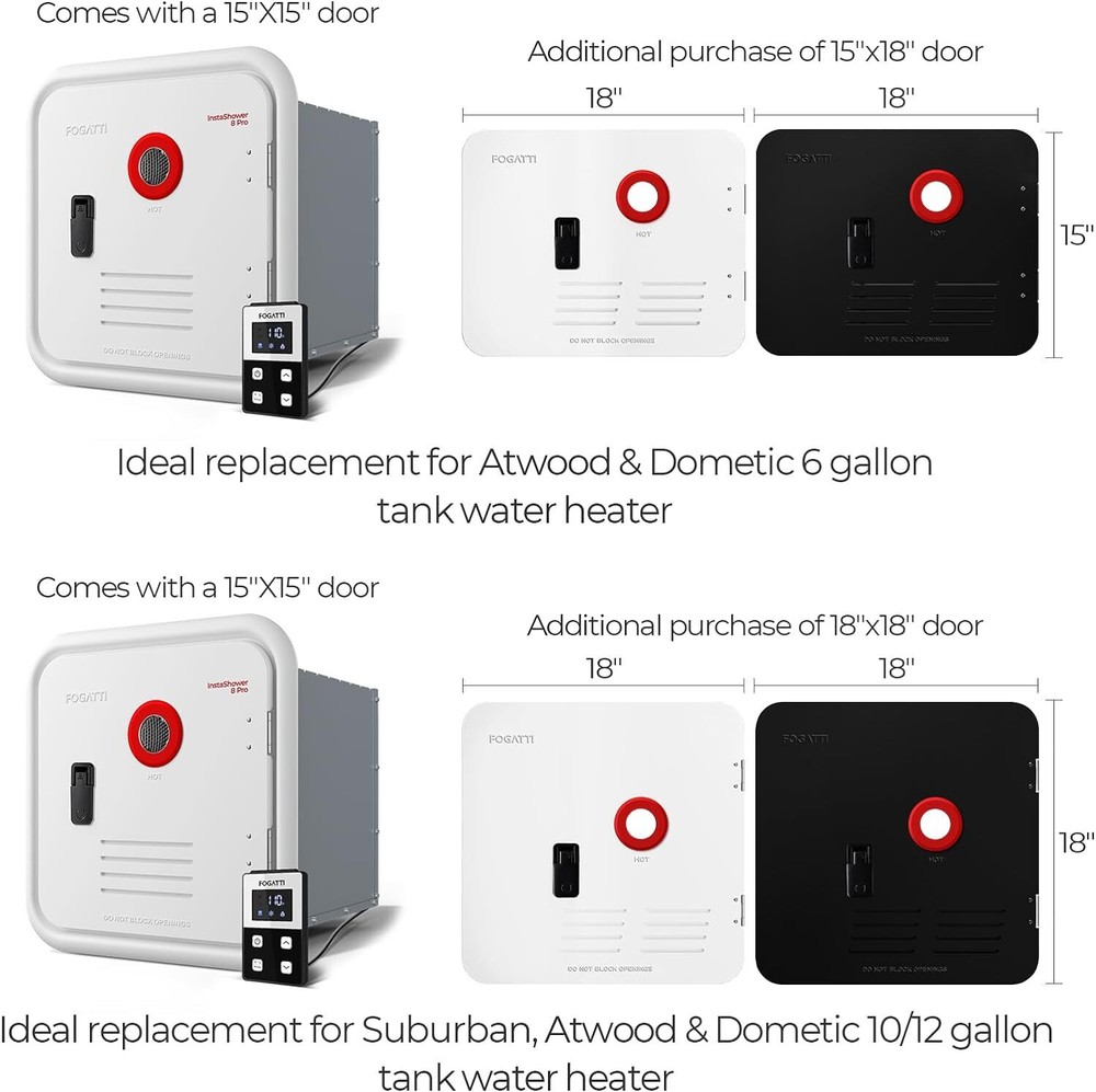 FOGATTI RV Tankless Water Heater InstaShower 8 Pro Mixing Tank 15x15 In DC 12V