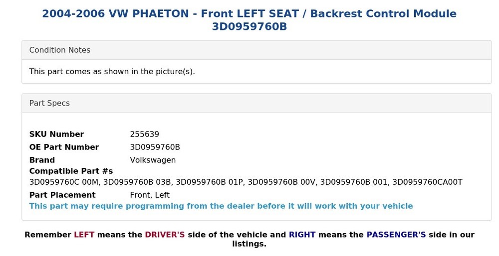 2004-2006 VW PHAETON - Front LEFT SEAT / Backrest Control Module 3D0959760B