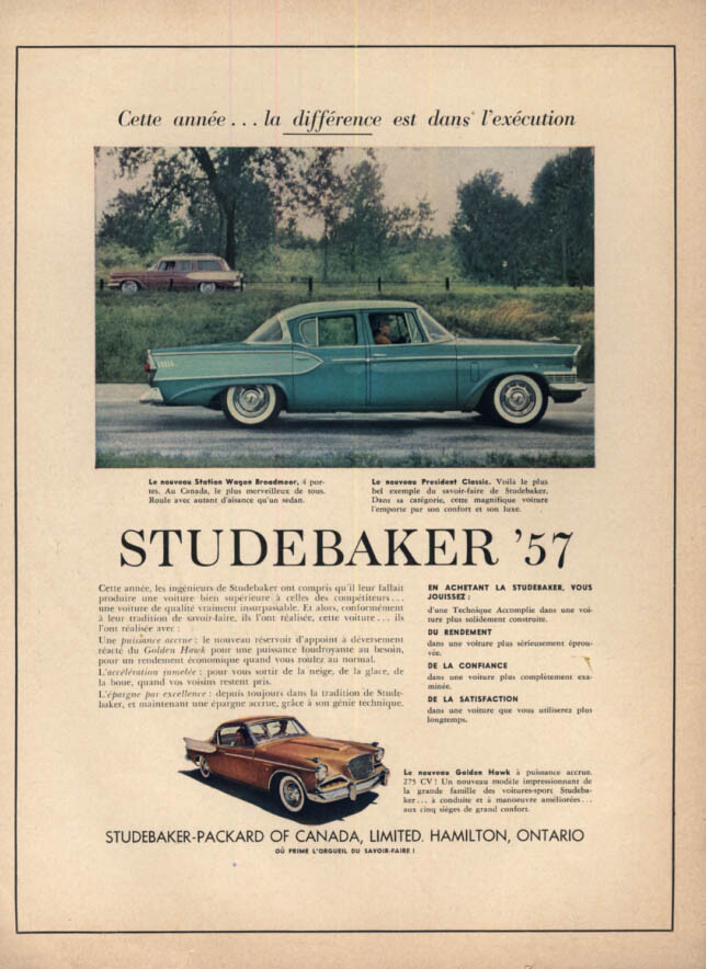 Cette annee la difference est dans execution Studabaker President & Hawk ad 1957