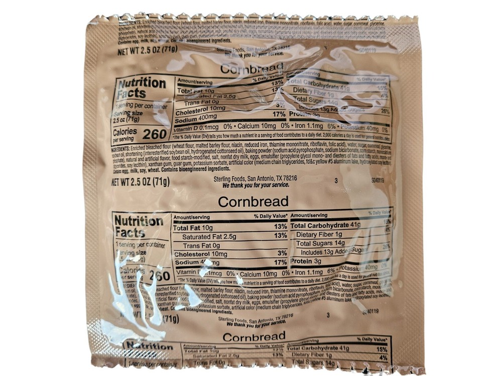 Authentic USGI Ration Bread, Snack Component - Cornbread - 6, 12, 24 and 48 Pack