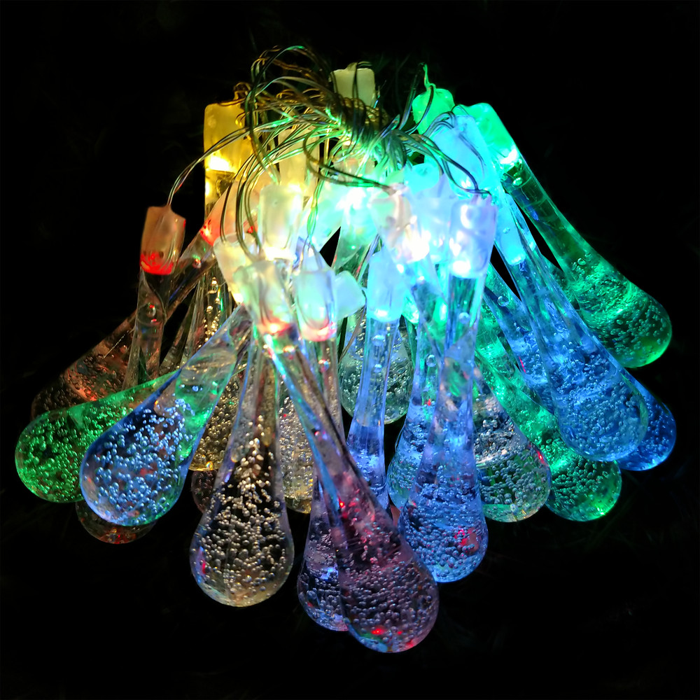 Solar Powered Water Drop String Lights - 30 LED Multi Colored, 8 Modes