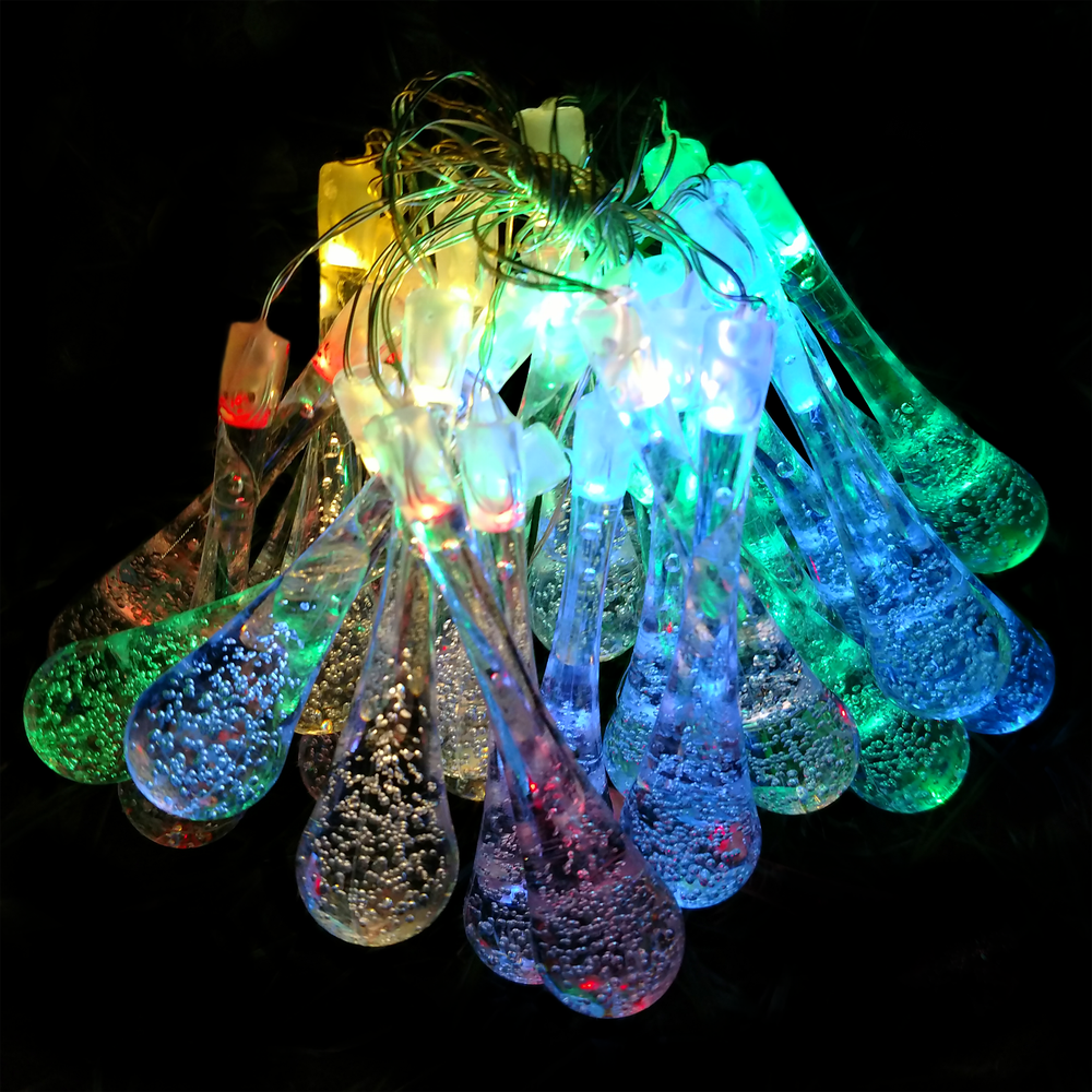 Solar Powered Water Drop String Lights - 30 LED Multi Colored, 8 Modes