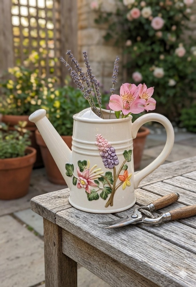 Ceramic Decorative Watering Can Floral Design White Multicolor