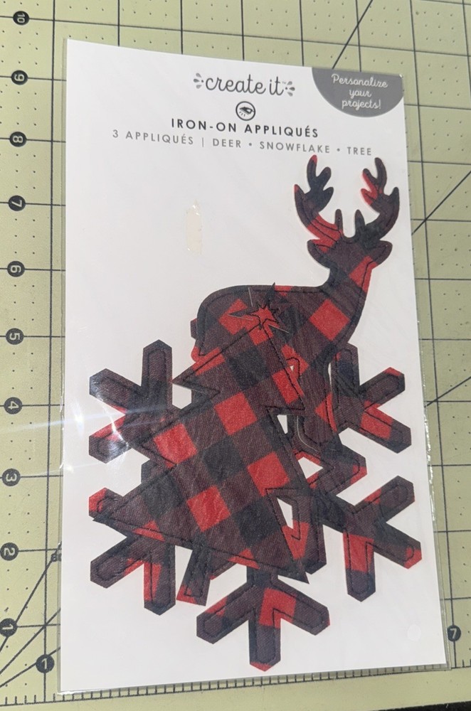 CREATE IT IRON-ON 3 APPLIQUES Black Red Gingham - Deer, Snowflake & Tree