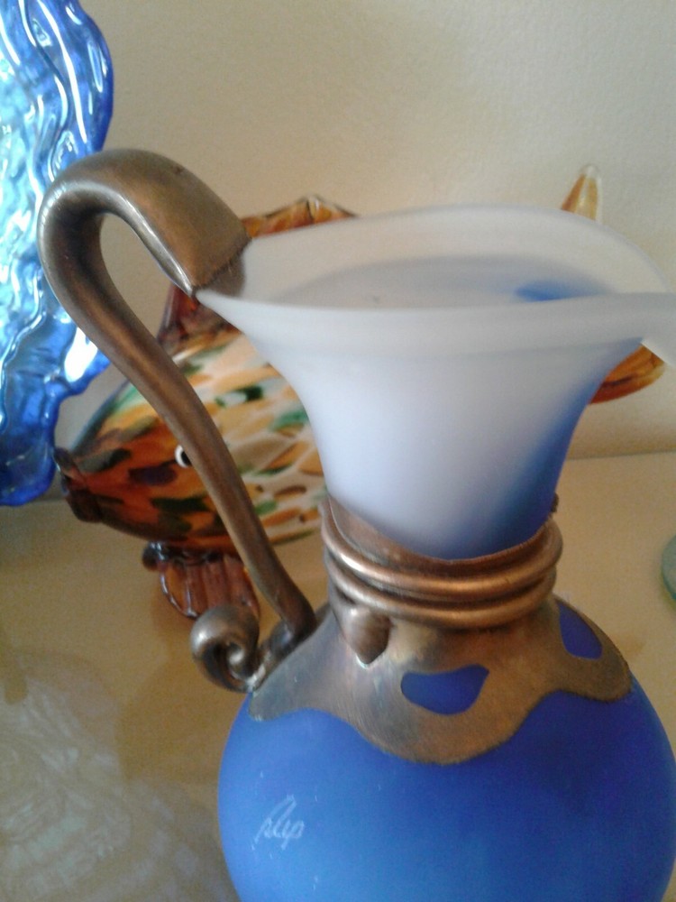 Blue And White Satin Glass Pitcher With Copper Handle And Collar ~ Signed