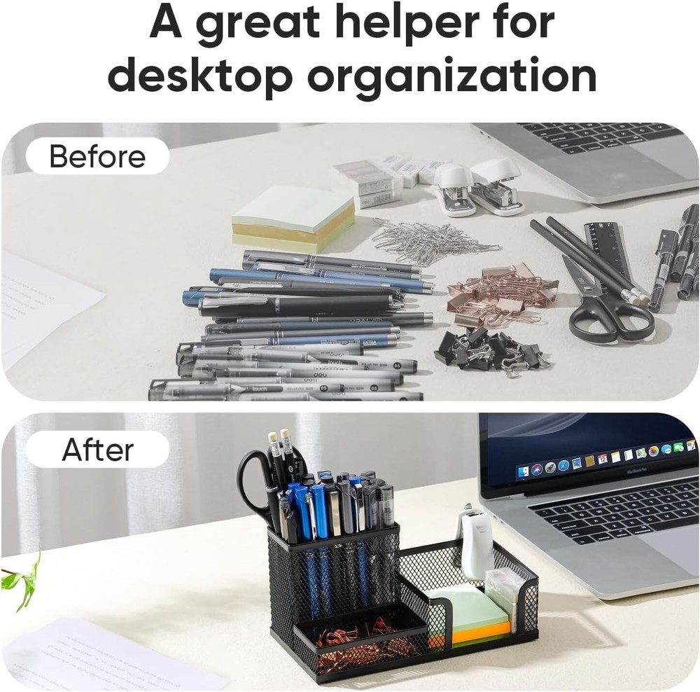 Office Desk Organizer with Pencil Holder & Storage Baskets With 3 Compartments
