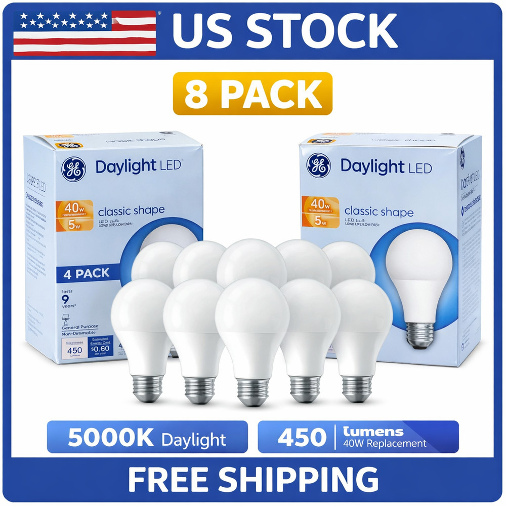 GE 8 PACK DAYLIGHT LED 40W= 5W A19 Classic Shape LED 5000K 450 Lumens