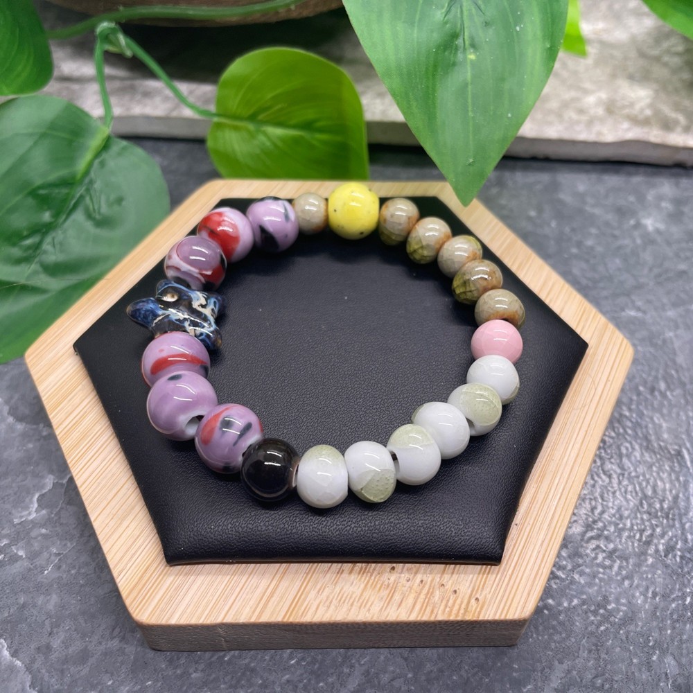 Handmade Ceramic Bead Beaded Stackable 6.25” Plus Stretch Bracelet New B504