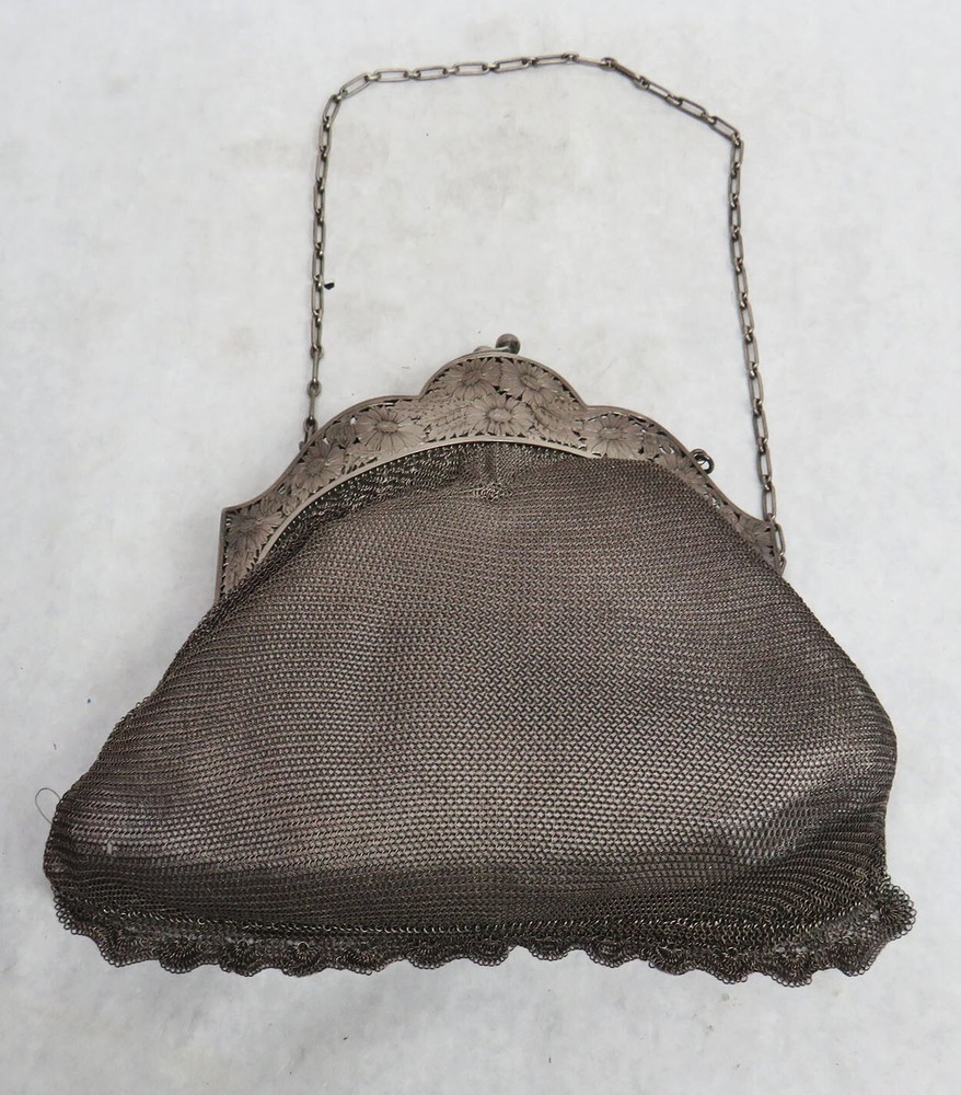 VICTORIAN ERA GERMAN 800 SILVER MESH PURSE WITH MINI SILVER BAG INSIDE