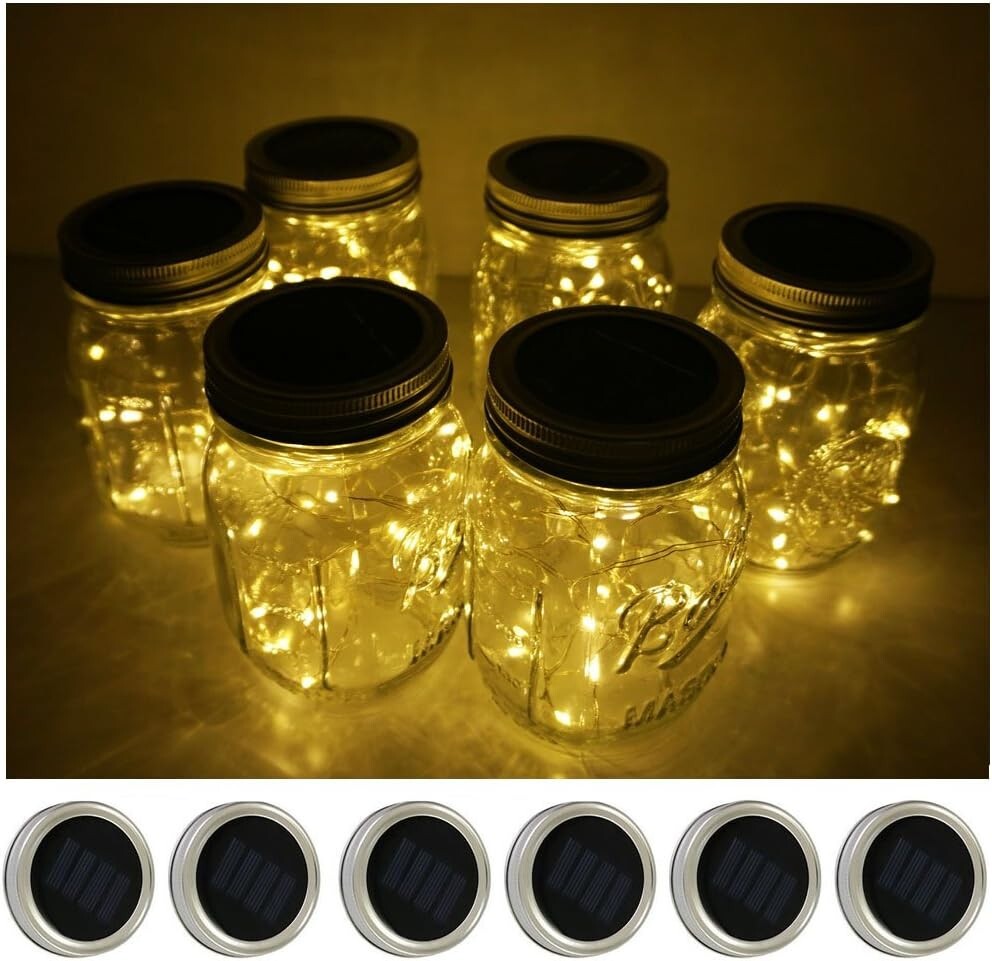 6 Pack Mason Jar Lights 10 LED Solar Warm White Fairy String Lights Lids Insert