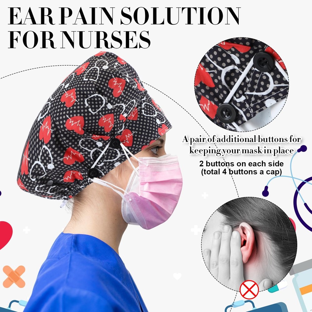 4 Pieces Bouffant Caps with Button and Sweatband Adjustable Nurse Working Hat...