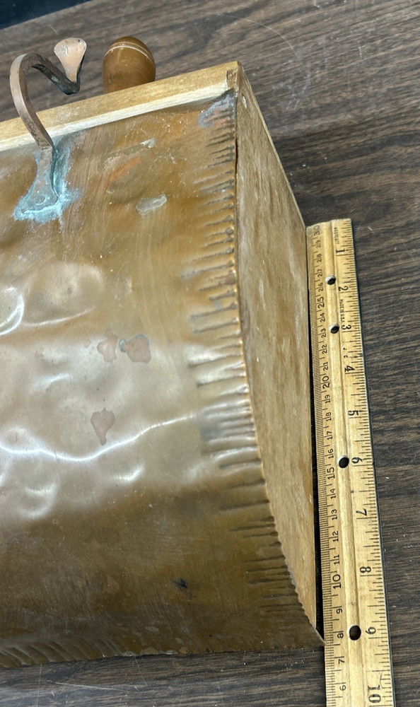 VTG Wood Bread Roll Warmer Box Hammered Copper Lid Handle