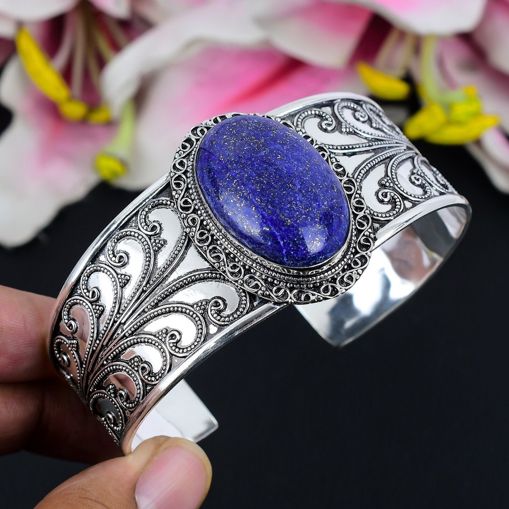 Lapis Lazuli Gemstone Handmade 925 Sterling Silver Bangle Adjustable Cuff