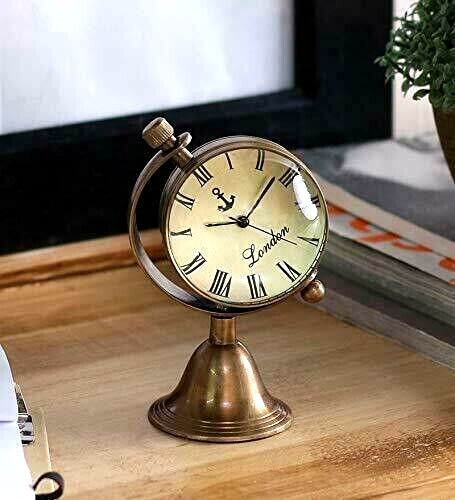 Brass Table Clock with Globe Stand Vintage Table Clock