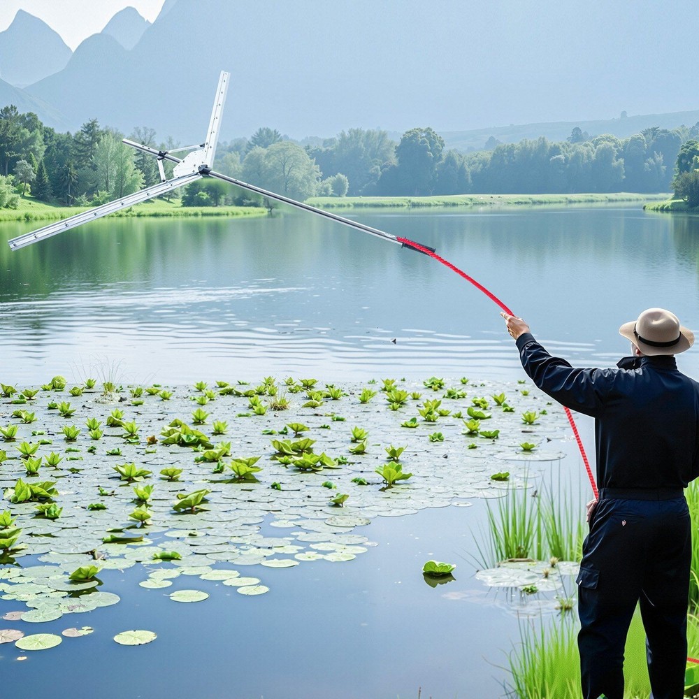 Adjustable 62in Pond Weed Cutter with Sharp Stainless Blades & 30ft Rope