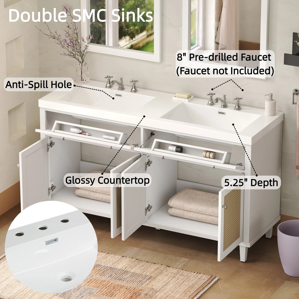 60" White Bathroom Vanity w/ Double Sink, Large Storage, Soft-Closing Doors