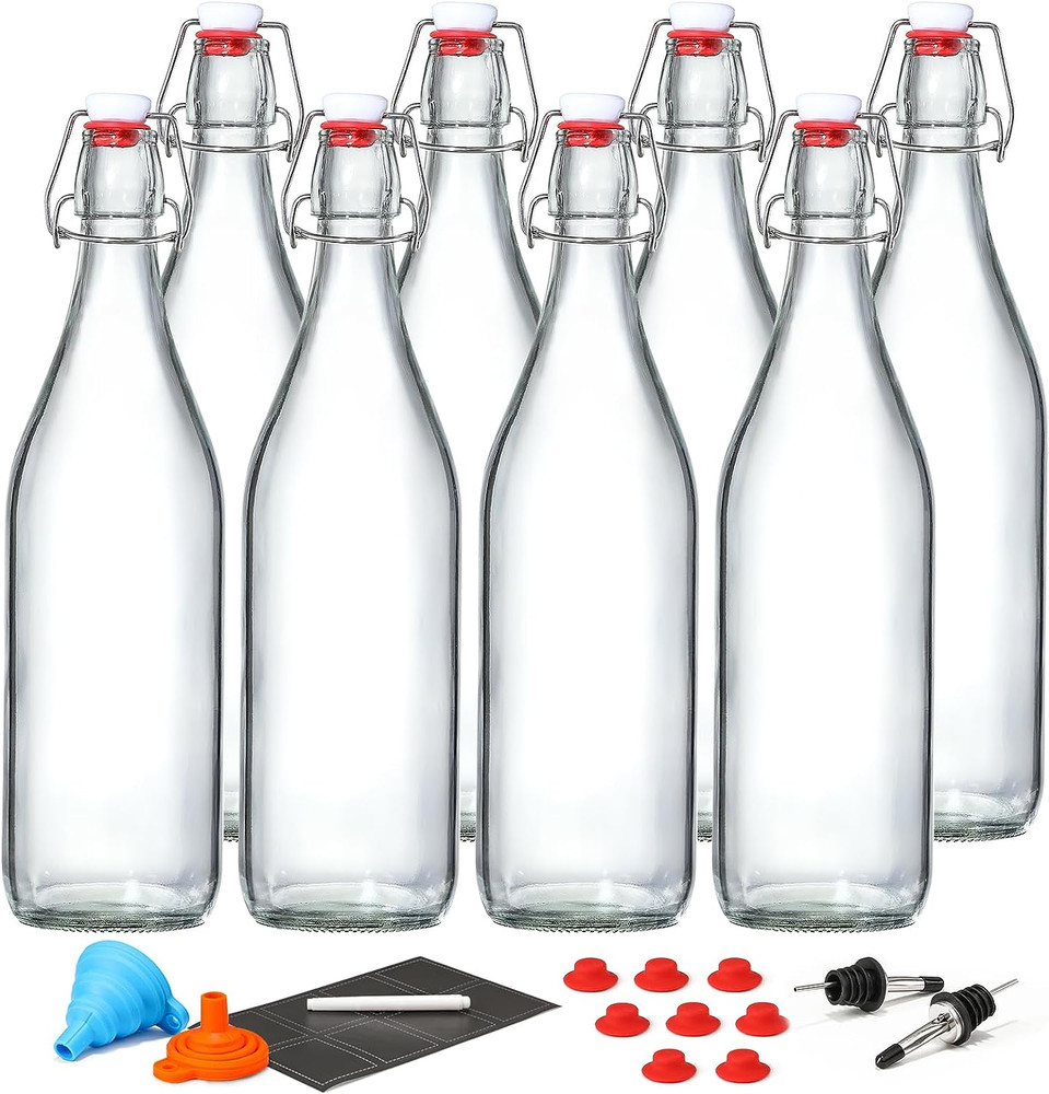 8 Pack [1 Liter / 33 Fl. Oz.] Swing Top Glass Bottles W/ Airtight Stopper Lids –