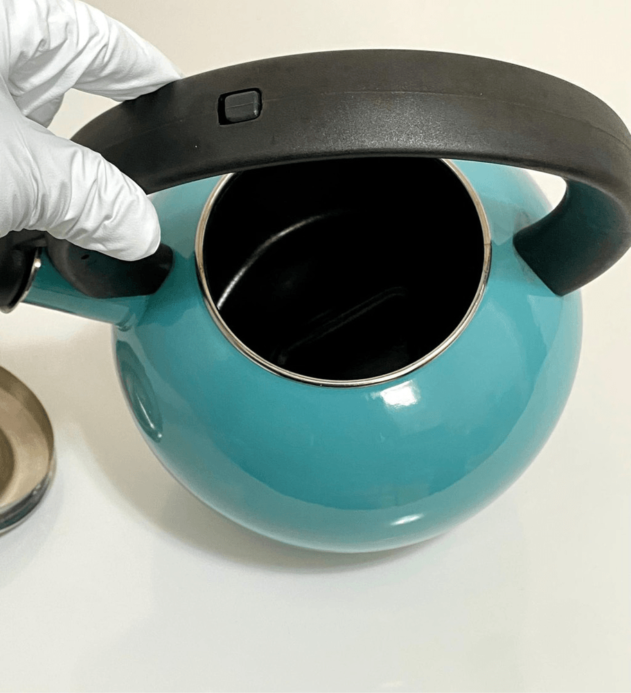 Enamel-on-Steel Whistling Tea Kettle 2.3 Quart Anti-Hot Folding Handle Turquoise