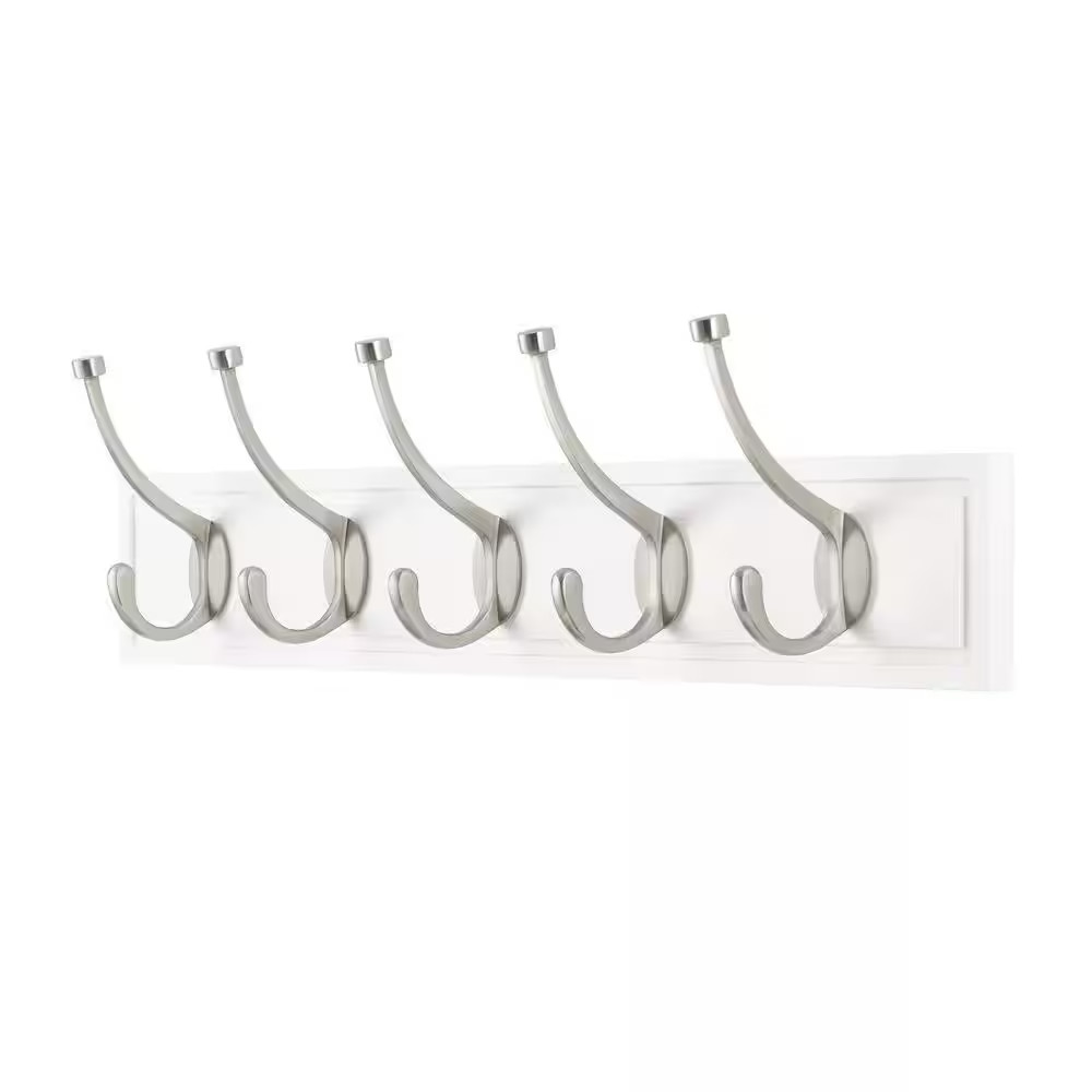 27 In. White Rack with 5 Satin Nickel Hooks
