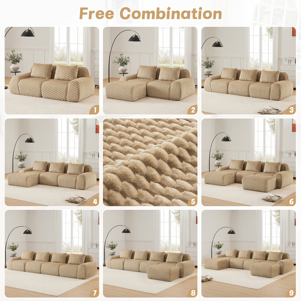 146" U-Shaped Flannelette Modular Sectional Sofa w/ Ottoman, Light Camel
