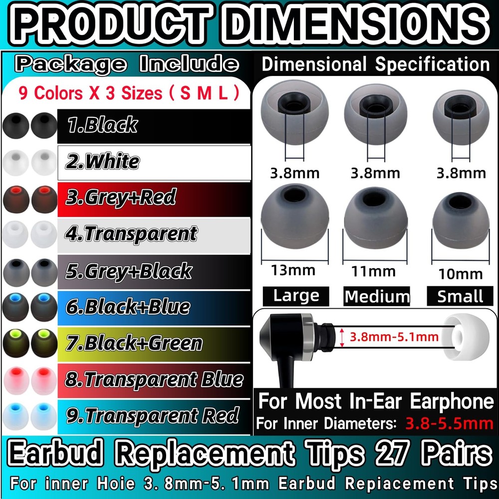 Earbuds Replacement Tips 54Pcs Silicone Cap Colorful