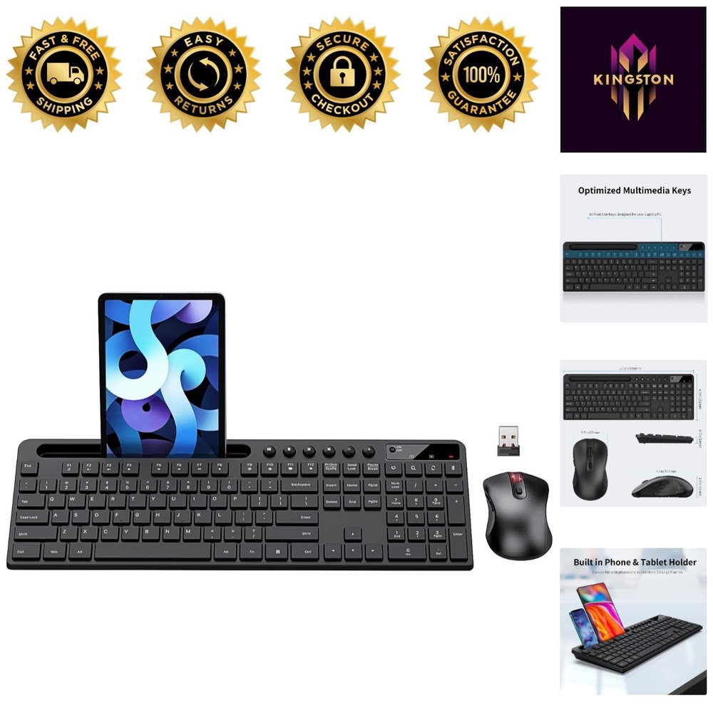 Ergonomic Wireless Keyboard with Tablet Holder & Silent 6-Button Mouse - Black